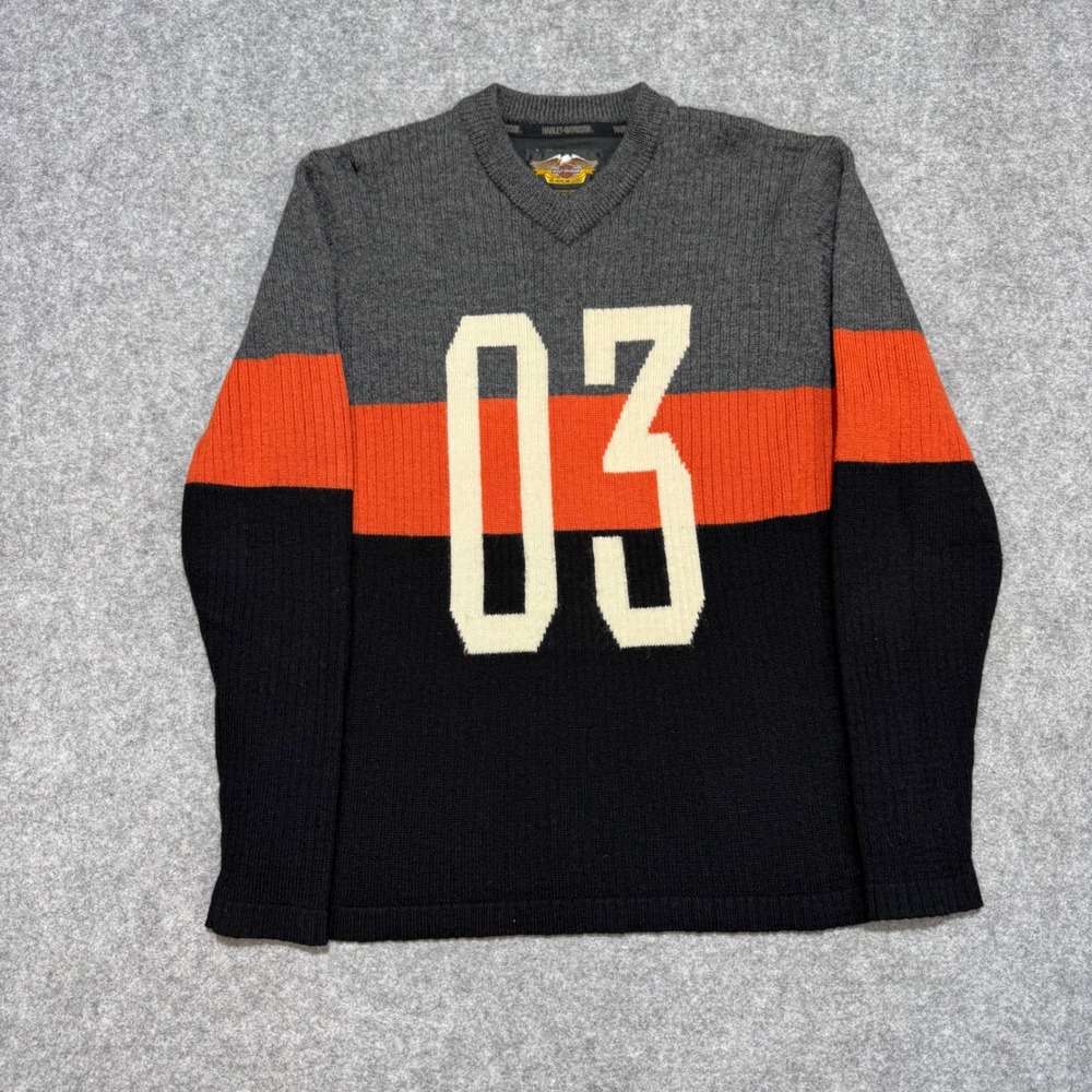 Harley-Davidson‎ Mens 100% Wool V-Neck Sweater 03 H-D Colorblock Grey Orange L